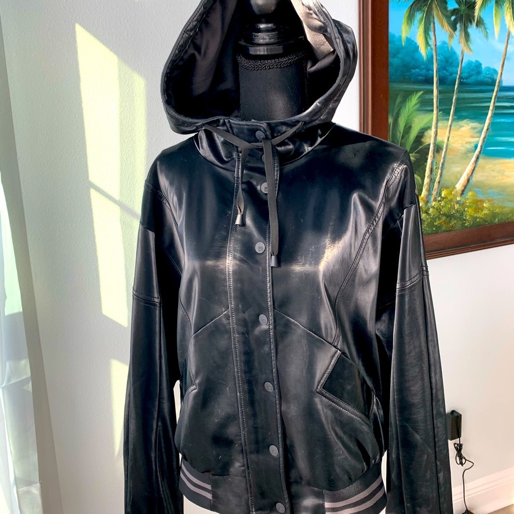 COPY - Blanc Noir Sophisticated Faux Patent Leather Zip Up Bomber With Attached…